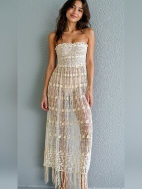 NWT FP Intimately Free Sheer Floral Fringe Hem Dress Boho Size Medium